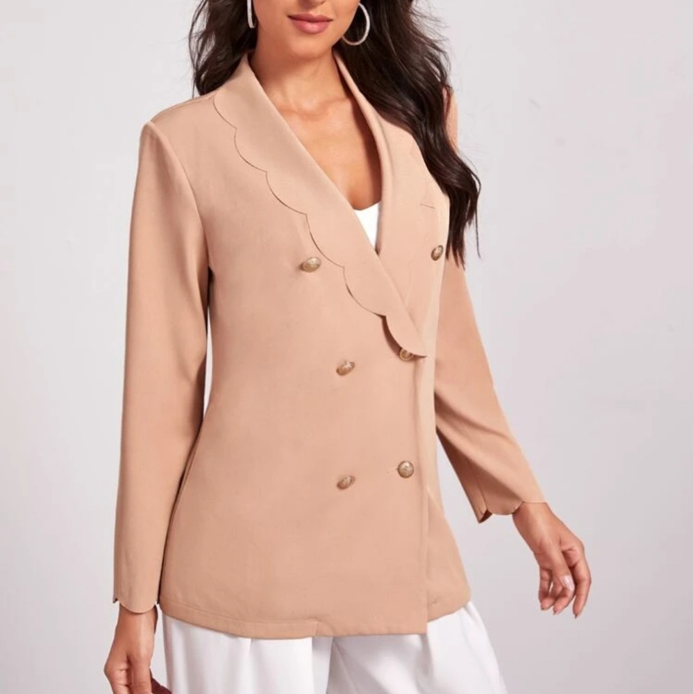Scallop Trim Shawl Collar Double Breasted Blazer